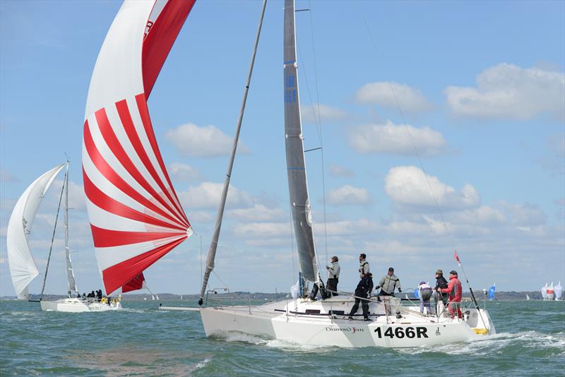 Diamond Jem chases Just So in the J109 class on weekend 2 of the Crewsaver Warsash Spring Championship photo copyright Iain McLuckie taken at Warsash Sailing Club and featuring the J109 class