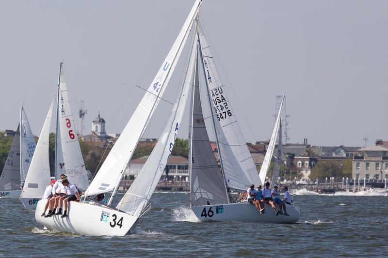 Dave Eggleton's J/24 Blowin Smoke (Maryland) leads Velocidad (Middletown NJ) on the city front course on day 2 at 2014 Sperry-Top Sider Charleston Race Week photo copyright Meredith Block / 2014 Sperry Top-Sider Charleston Race Week taken at Charleston Yacht Club and featuring the J/24 class