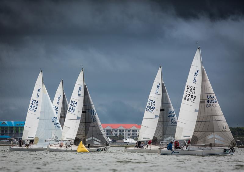 The tight J24 fleet goes five abreast at their upwind finish in the final race of Sperry Charleston Race Week photo copyright Sperry Charleston Race Week / Brian Carlin taken at Charleston Yacht Club and featuring the J/24 class