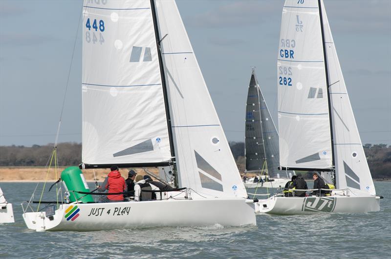 Just 4 Play wins the J70 class on day 2 of the Brooks Macdonald Warsash Spring Series photo copyright Iain McLuckie taken at Warsash Sailing Club and featuring the J70 class