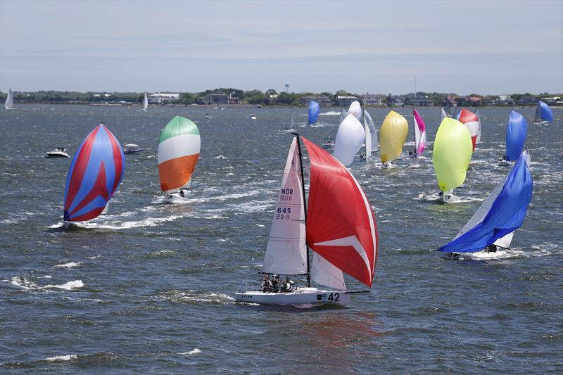 Norway's Eivind Astrup (bow No. 42) leads a big pack of J/70s on day 2 at Sperry Charleston Race Week photo copyright Charleston Race Week / Tim Wilkes taken at Charleston Yacht Club and featuring the J70 class