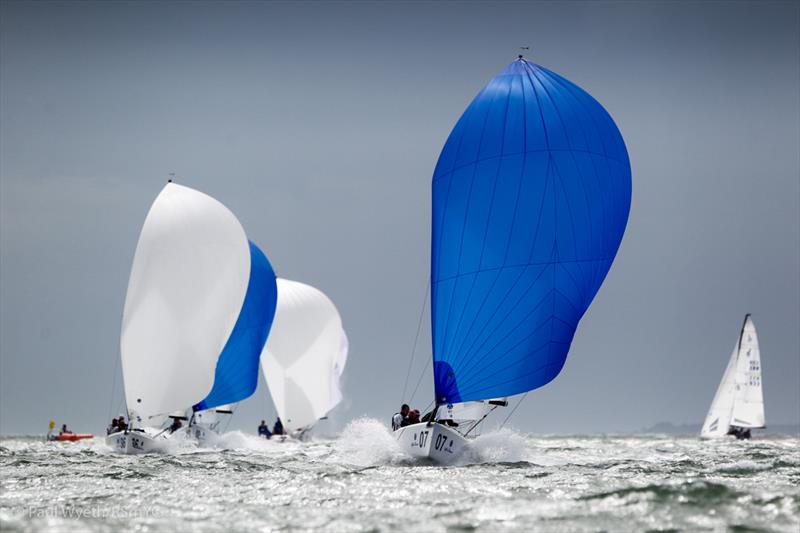 Martin Dent's British J/70 Jelvis 7, fully launched downwind on day 3 of the J/70 Europeans - photo © Paul Wyeth / RSrnYC