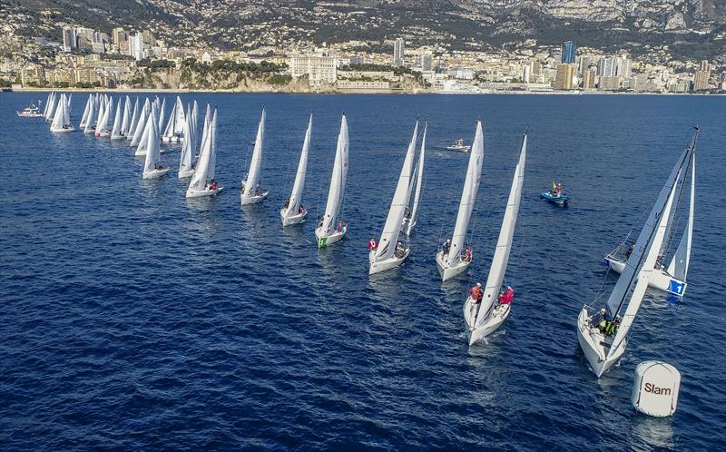 J70 class on the startline at the 2018 34° Primo Cup 2018 Trophée Credit Suisse photo copyright YCM / Carlo Borlenghi taken at Yacht Club de Monaco and featuring the J70 class