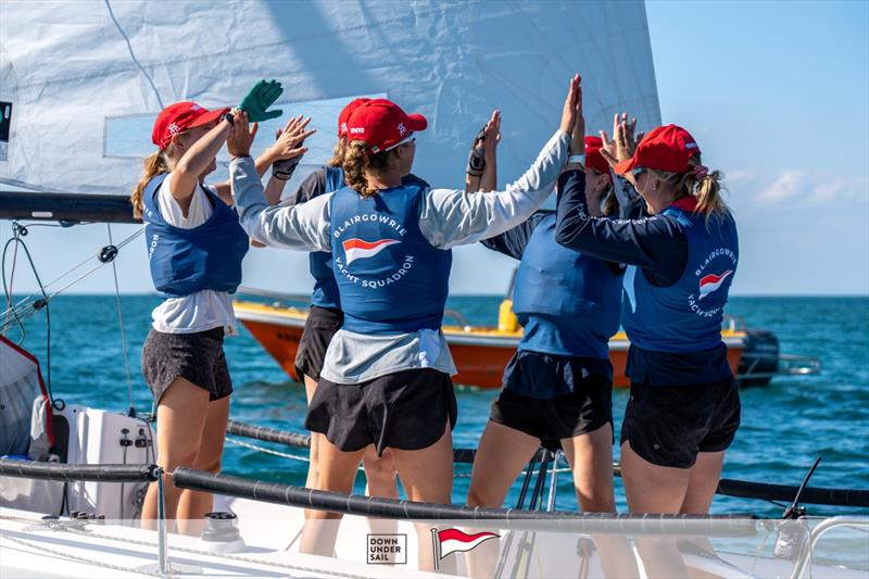 High-fives all round for Laura Harding's BYS team - 2024 Women's Sportsboat Regatta day 2 photo copyright Alex Dare / Down Under Sail taken at Blairgowrie Yacht Squadron and featuring the J70 class
