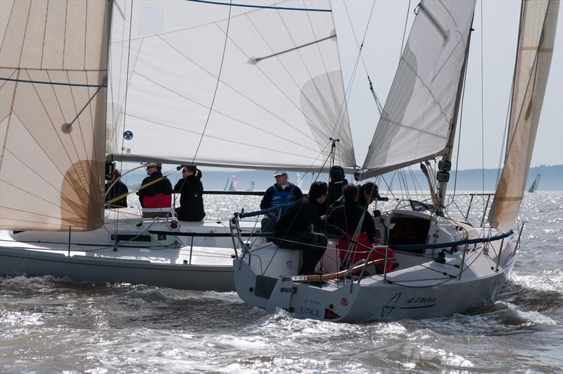 Jester crosses J Out of the Box on day 3 of the Brooks Macdonald Warsash Spring Series photo copyright Iain McLuckie taken at Warsash Sailing Club and featuring the J80 class