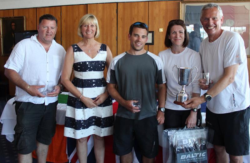 J.A.T win the J/80 Open Nationals at Hamble (l-r) Adrian Gray, RSrnYC Commodore Karen Henderson-Williams (presenting award), Chris Fisher, Helen Yates & helm Kevin Sproul photo copyright Louay Habib / RSrnYC taken at Royal Southern Yacht Club and featuring the J80 class