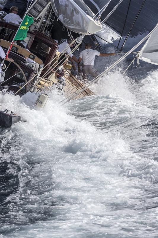Velsheda's classic low freeboard awash with water on day four of the Maxi Yacht Rolex Cup photo copyright Carlo Borlenghi / Rolex taken at Yacht Club Costa Smeralda and featuring the J Class class