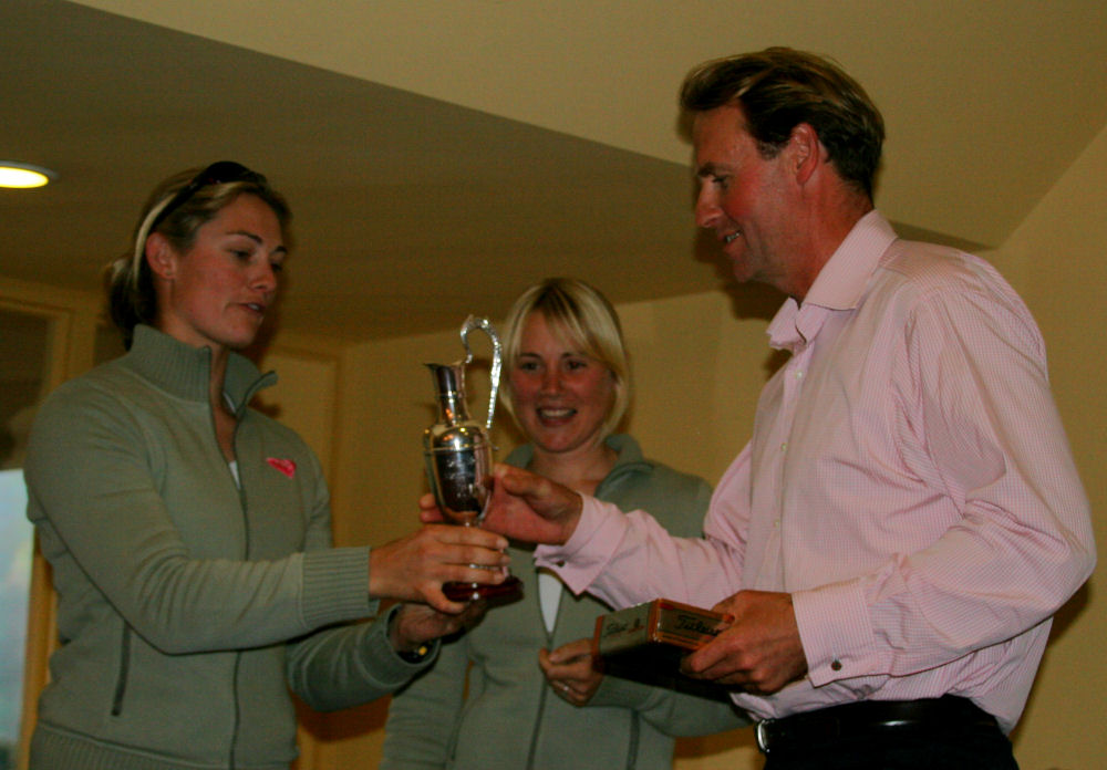 Olympic Medallists Sarah Ayton and Sarah Webb present Hugo Ambrose with the North Sails Trophy during the ninth North Sails Golf Day for the John Merricks Sailing Trust photo copyright Ian Finlay / www.ianfinlay.com taken at  and featuring the JMST class
