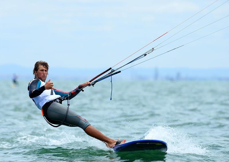 Florian Gruber kiteboarding in the Sail Melbourne Invited Classes photo copyright Sport the library taken at Sandringham Yacht Club and featuring the Kiteboarding class