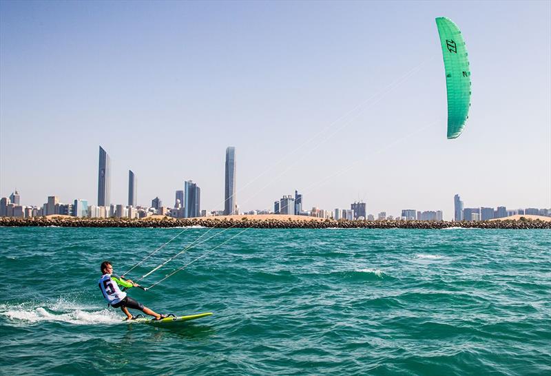 Flying high above Abu Dhabi copy on day 2 of the ISAF Sailing World Cup Final in Abu Dhabi photo copyright Jesus Renedo / Sailing Energy / ISAF taken at  and featuring the Kiteboarding class