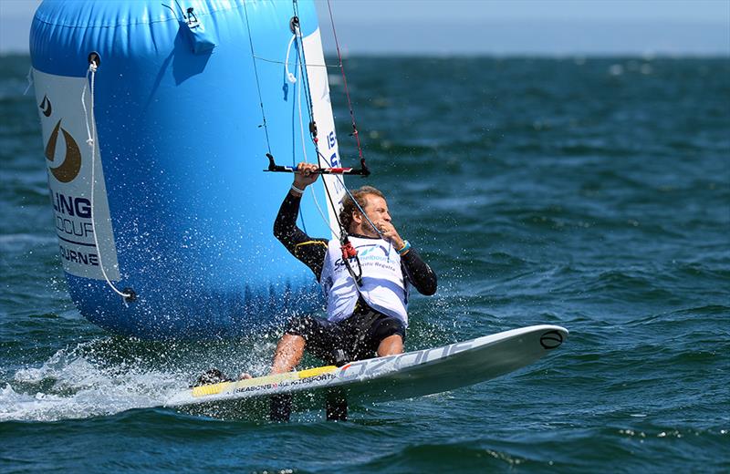 Riccardo Leccese takes gold in the ISAF Sailing World Cup Melbourne photo copyright Jeff Crow / Sport the Library taken at Sandringham Yacht Club and featuring the Kiteboarding class