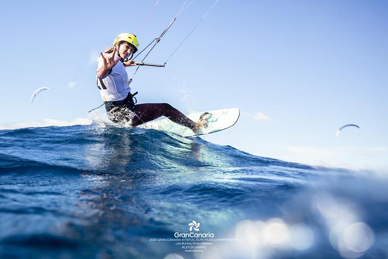 Julia Damasiewicz (POL), second place female rider, show just how epic it was to race here on Gran Canaria - 2020 Gran Canaria KiteFoil Open European Championships photo copyright IKA Media / Alex Schwarz taken at  and featuring the Kiteboarding class