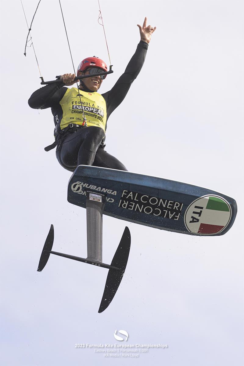 Sky high jubilation for Riccardo Pianosi - 2023 Formula Kite European Championships  photo copyright IKA media / Mark Lloyd taken at  and featuring the Kiteboarding class