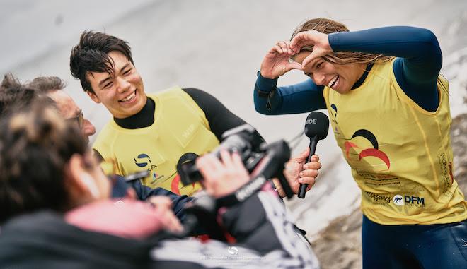 Max Maeder and Lauriane Nolot celebrate on the beach - 2024 Formula Kite European Championships photo copyright IKA media / Robert Hajduk taken at  and featuring the Kiteboarding class