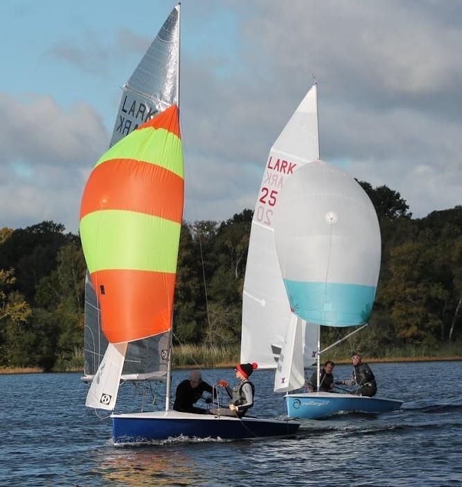 Samuel Bailey & Finlay Morgan win the 2021 Lark Belle Isle Travellers Series photo copyright R Videlo taken at South Staffordshire Sailing Club and featuring the Lark class