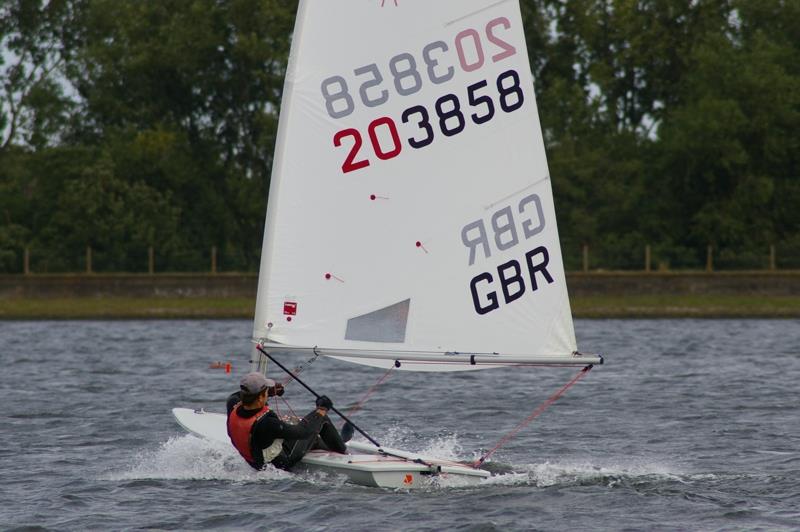 Event winner James Sculczuc storms down a reach during the Island Barn Laser Open photo copyright Jim Champ taken at Island Barn Reservoir Sailing Club and featuring the ILCA 7 class