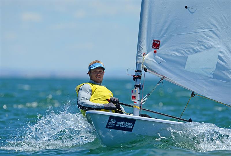 Tom Burton at ISAF Sailing World Cup Melbourne photo copyright Jeff Crow / Sport the Library taken at Sandringham Yacht Club and featuring the ILCA 7 class