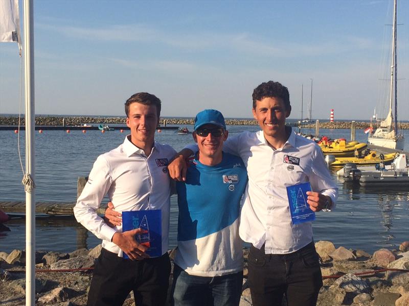 Backett (left), James Gray (coach), Wetherell (right) at the Laser Standard under 21 Worlds in Medemblik photo copyright James Gray taken at Regatta Center Medemblik and featuring the ILCA 7 class