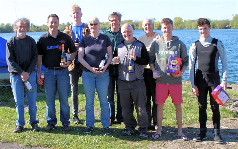 (l-r) Neil Crosby (3rd Combined Fleet), John Ling (1st Combined Fleet), Ed Higson (2nd Combined Fleet), Fiona Chamberlain (Ladies), Jeremy Higson (Grand Master), Rupert Whelan (1st Radial), Rick Plummer (Great Grand Master), Will Hopes (2nd Radial), Jacob photo copyright Tim Hopes taken at Whitefriars Sailing Club and featuring the ILCA 7 class