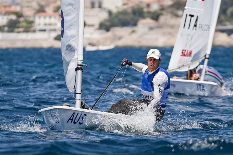 Matt Wearn on the way to winning the Gold Medal in the ILCA 7 at the Paris 2024 Olympic Test Event in Marseille photo copyright Vincent Curutchet / World Sailing taken at  and featuring the ILCA 7 class