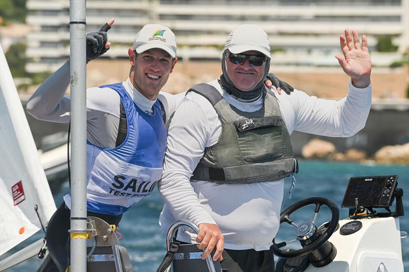 Matt Wearn OAM with coach Rafael Trujillo Villar after winnign the Olympic Test Event in Marseille photo copyright Vincent Curutchet / World Sailing taken at  and featuring the ILCA 7 class