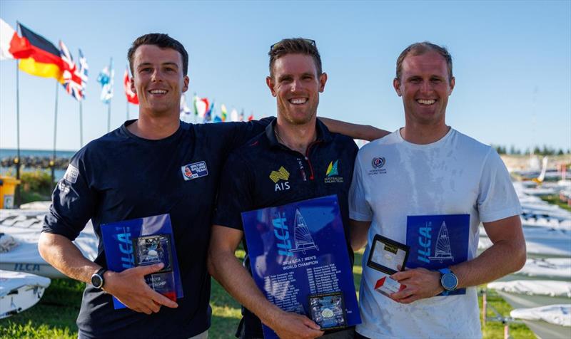 2024 ILCA 7 Men World Championship podium (l-r) Micky Beckett (3rd), Matt Wearn (1st), Hermann Tomasgaard (2nd) photo copyright Jack Fletcher / Down Under Sail taken at Adelaide Sailing Club and featuring the ILCA 7 class