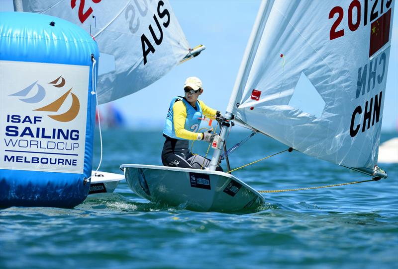 Dongshuang Zhang (CHN) on day 6 of ISAF Sailing World Cup Melbourne photo copyright Sport the library taken at Sandringham Yacht Club and featuring the ILCA 6 class
