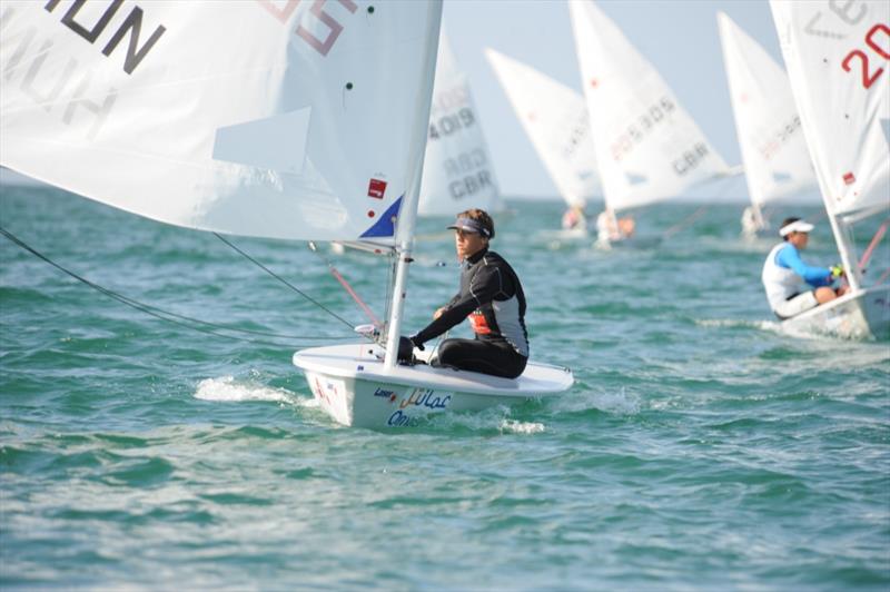 Benjamin Vadnai of Hungary wins in the boys fleet at the Laser Radial Youth Worlds in Oman photo copyright Mark Lloyd taken at Oman Sail and featuring the ILCA 6 class