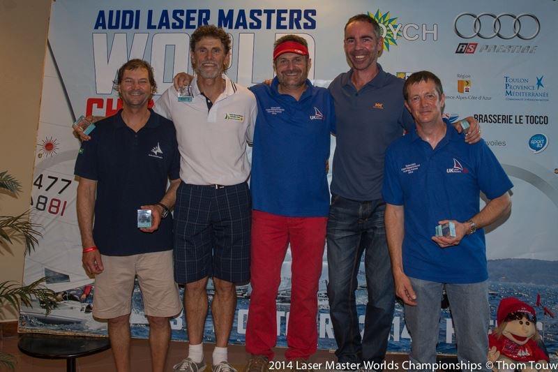 2014 Laser Masters Worlds (l to r) Joao Ramos(BRA), Mark Kennedy(AUS), Steve Cockerill (GBR), Richard Blakey (NZL) & Ian Jones (GBR) - photo © Thom Touw / 2014 Laser Masters Worlds