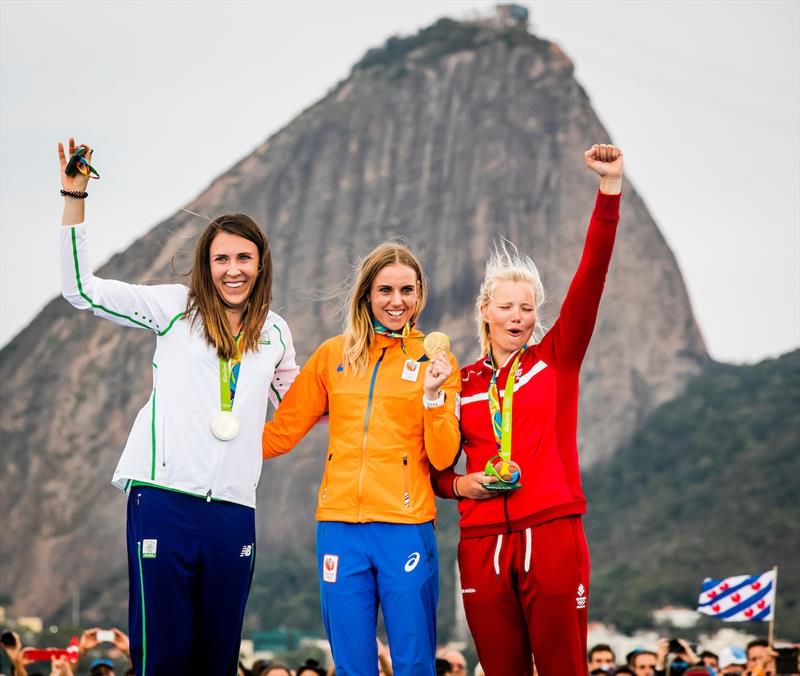 Laser Radial podium at the Rio 2016 Olympic Sailing Competition (l-r) silver: Annalise Murphy (IRL), gold: Marit Bouwmeester (NED), bronze: Anne-Marie Rindom (DEN) photo copyright Sailing Energy / World Sailing taken at  and featuring the ILCA 6 class