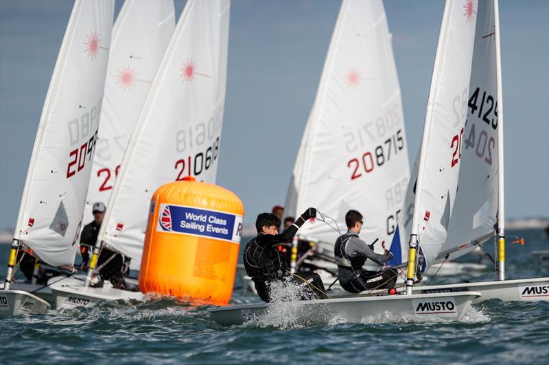 Laser Radial mark rounding on day 1 of the RYA Youth Nationals photo copyright Paul Wyeth / RYA taken at Hayling Island Sailing Club and featuring the ILCA 6 class