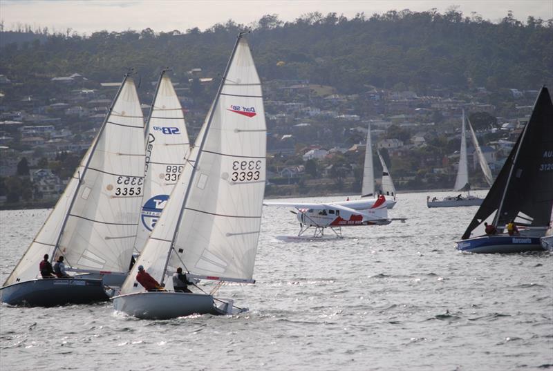 Hobart's tourist seaplane shares the starting line with SB20s in the DSS Autumn Two-Handed Series photo copyright Peter Campbell taken at Derwent Sailing Squadron and featuring the SB20 class