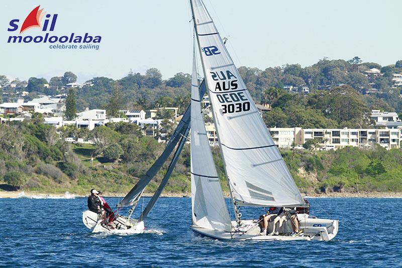 Flirtatious crosses ahead of Red in Race 8 of the SB20 Nationals at Sail Mooloolaba 2014 photo copyright Teri Dodds taken at Mooloolaba Yacht Club and featuring the SB20 class