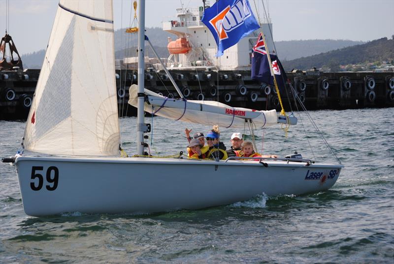 SB20 crew in the Sail Past on the Opening Day of the River Derwent yachting season photo copyright Peter Campbell taken at Royal Yacht Club of Tasmania and featuring the SB20 class