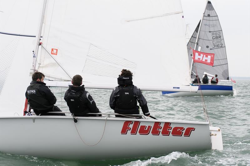 Flutter to windward of Blackstone Racing on day 3 of the Helly Hansen Warsash Spring Series photo copyright Iain McLuckie taken at Warsash Sailing Club and featuring the SB20 class