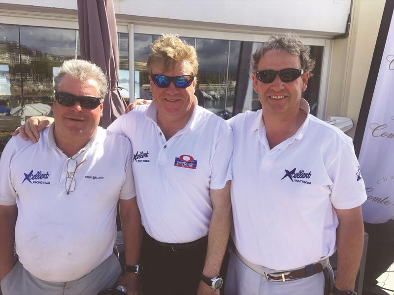 The winning crew of 'Xcellent' (GBR) Bob Smith, John Pollard, and Steve Proctor at the European Grand Slam in Cannes photo copyright Pierre Germain / Yacht Club de Cannes taken at Yacht Club de Cannes and featuring the SB20 class