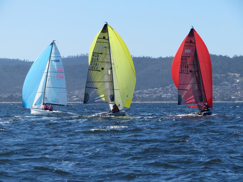 SB20s running down wind, from left, Fire of Athena (Clare Brown), Cook Your Own Dinner (Jill Abel) and Karabos (Nick Rogers) during the SB20 Sprint Series in Hobart photo copyright Michelley Denney taken at Derwent Sailing Squadron and featuring the SB20 class