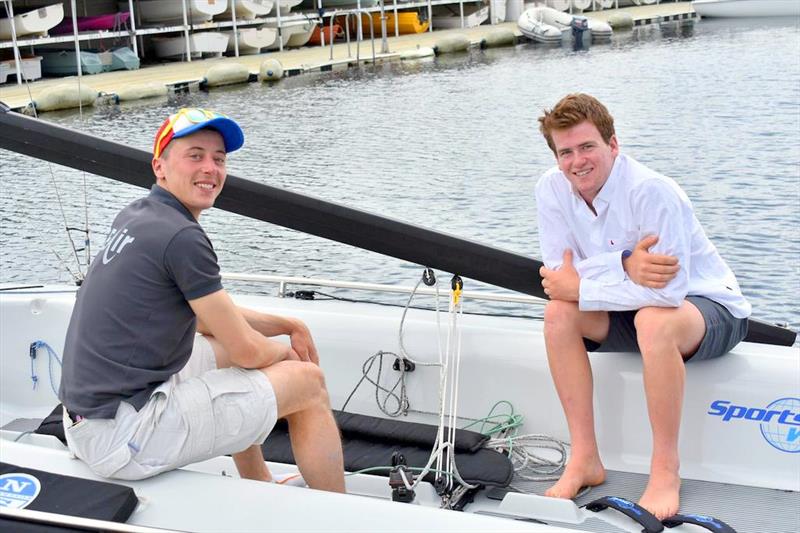 French sailor Hugo Feydit (left) and Tasmanian Sam King swap ideas about the SB20 photo copyright Jane Austin taken at Royal Yacht Club of Tasmania and featuring the SB20 class