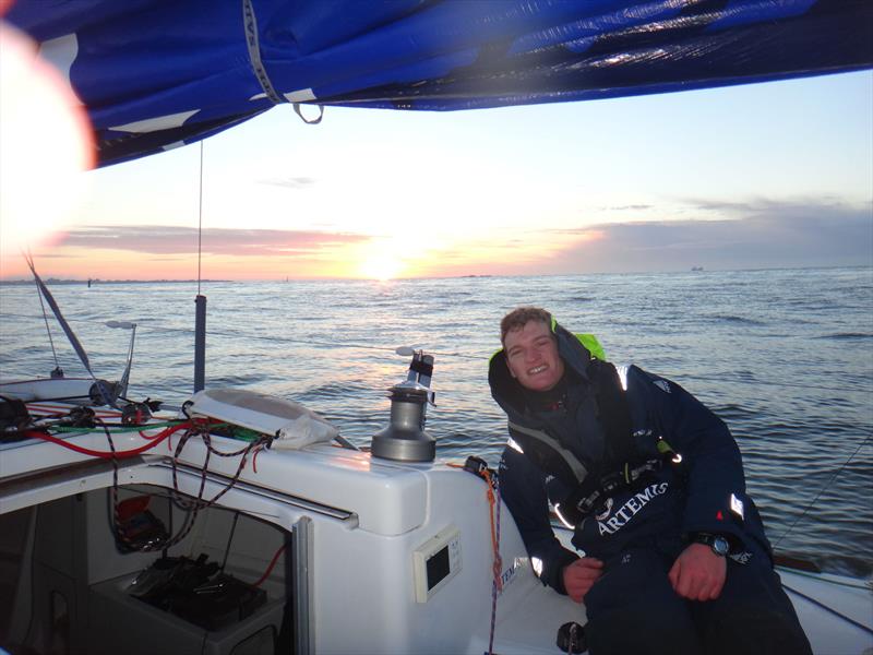 Sam Matson puts his hardwearing Musto HPX gear to the test as he traces the second leg of the Solitaire du Figaro from Plymouth to Roscoff, and on to Lorient photo copyright Artemis Offshore Academy taken at  and featuring the Figaro class