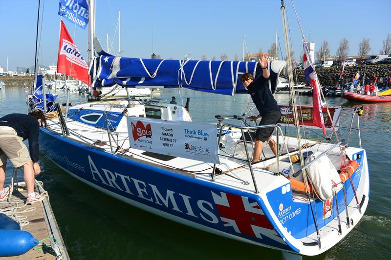 2014 Academy Rookie Rich Mason waves to spectators on the dock as he sets off on his first solo Figaro race - the Solo Maître Coq photo copyright Artemis Offshore Academy taken at  and featuring the Figaro class