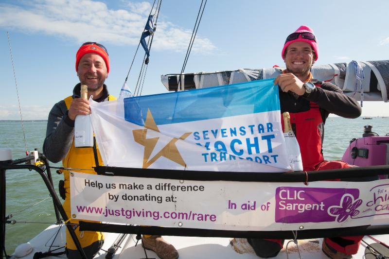 All for a good cause: Ian Hoddle and Conrad Manning after finishing the Sevenstar Round Britain and Ireland Race on Figaro II, Rare - photo © Patrick Eden / RORC