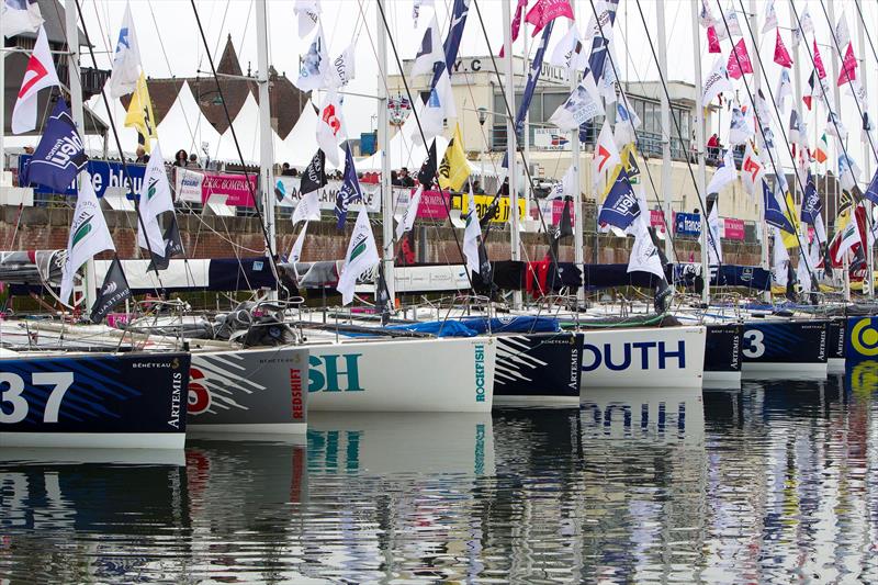 Full time Academy préparateur Sam Jacklin is now entrusted with the maintenance of the British Figaro fleet - here are all eight boats in Deauville, France - photo © Ocean Images
