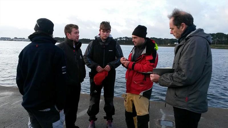 Former Times correspondent Ed Gorman joins the Artemis Offshore Academy Rookies for their morning briefing with coach Tanguy Leglatin in Lorient, France photo copyright Artemis Offshore Academy taken at  and featuring the Figaro class