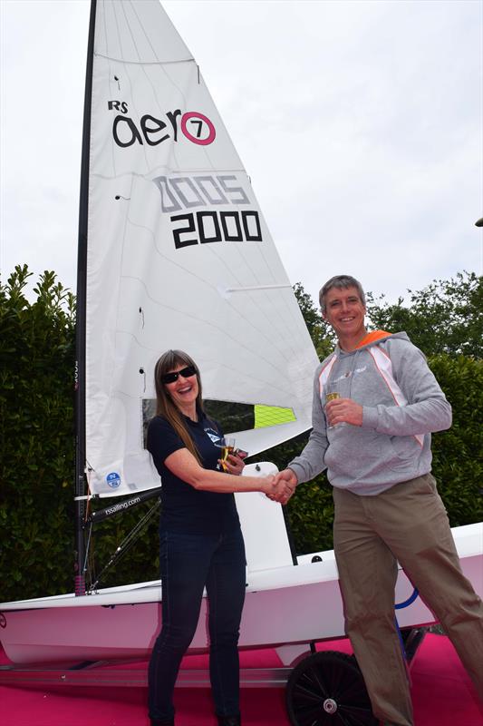 Lesley Hunt with the 1000th RS Aero together with Peter Barton, RS Aero Class Manager photo copyright Samantha Foster taken at  and featuring the  class