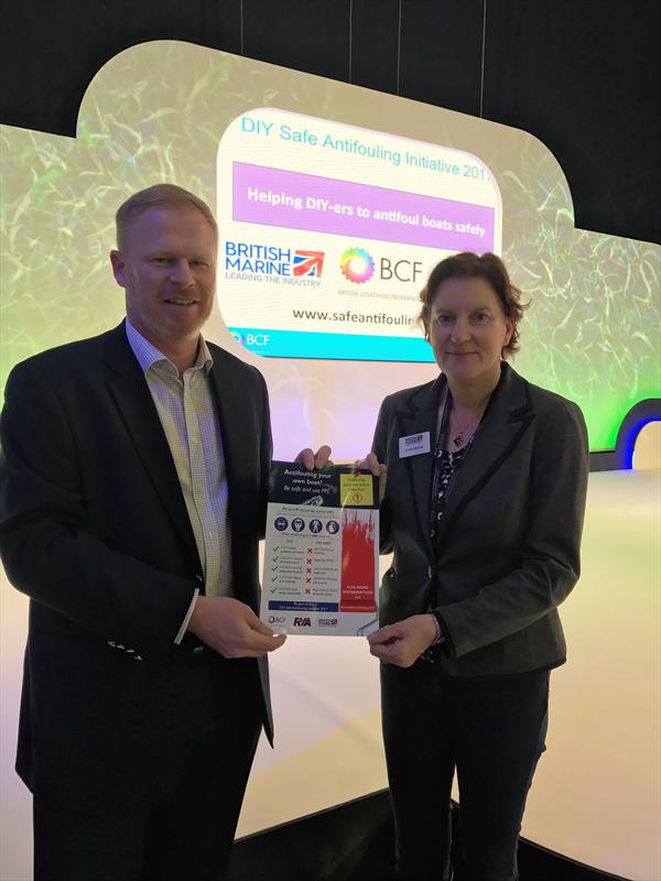 Trevor Fielding, the BCF's Regulatory Affairs Manager, and Sarah Dhanda, British Marine's Chief Officer of Membership and Services, at the launch of the DIY Safe Anti-fouling Initiative photo copyright London Boat Show taken at  and featuring the  class