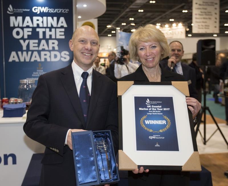 Glen Wallis, Business Development Manager at GJW presents Carolyn Elder, Marina Manager at Largs Yacht Haven with Marina of the Year winner prize for UK Coastal Marina of the Year 2017 (Over 250 berths) photo copyright onEdition taken at  and featuring the  class