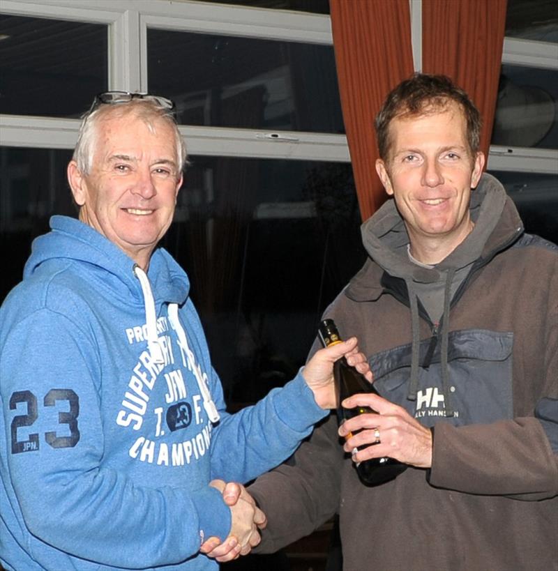 Dave Allinson (left) presents the Marblehead GAMES Series round 1 prize to Peter Stollery photo copyright www.JCPhotography.biz taken at Chipstead Sailing Club and featuring the Marblehead class