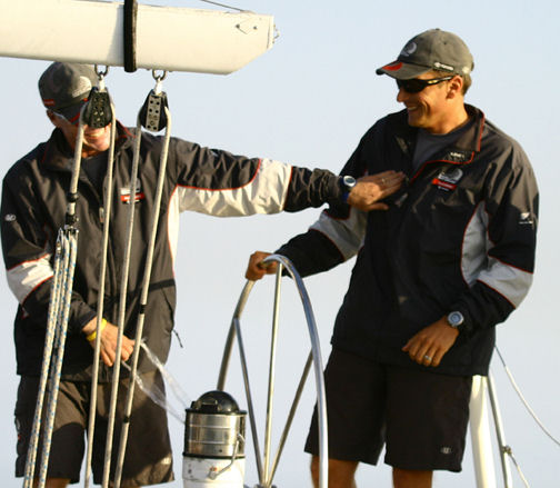 Barker and tactician Terry Hutchinson after crossing the final finish line on the final day of the Congressional Cup photo copyright Rich Roberts taken at Long Beach Yacht Club and featuring the Match Racing class