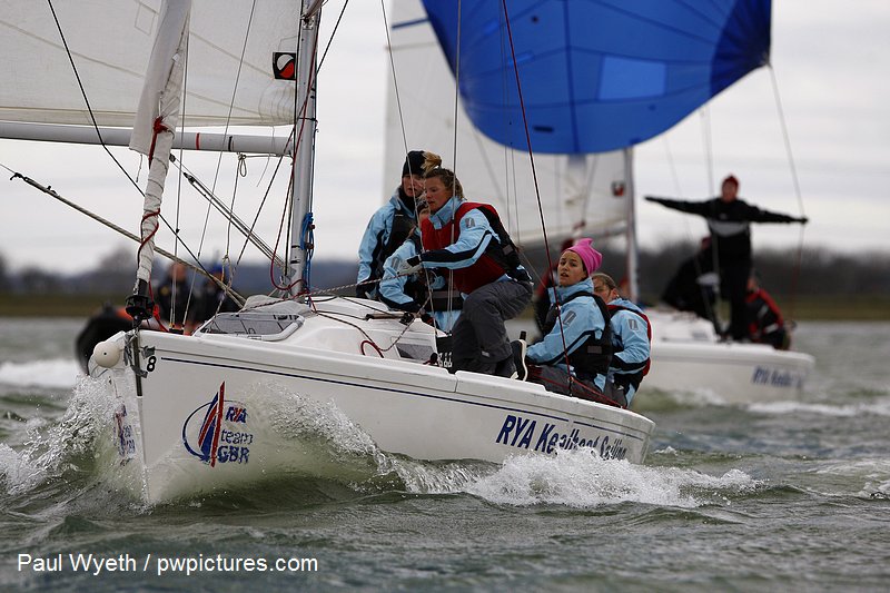 Racing on day one of the RYA Women’s Winter Challenge match racing at Queen Mary photo copyright Paul Wyeth / www.pwpictures.com taken at Queen Mary Sailing Club and featuring the Match Racing class