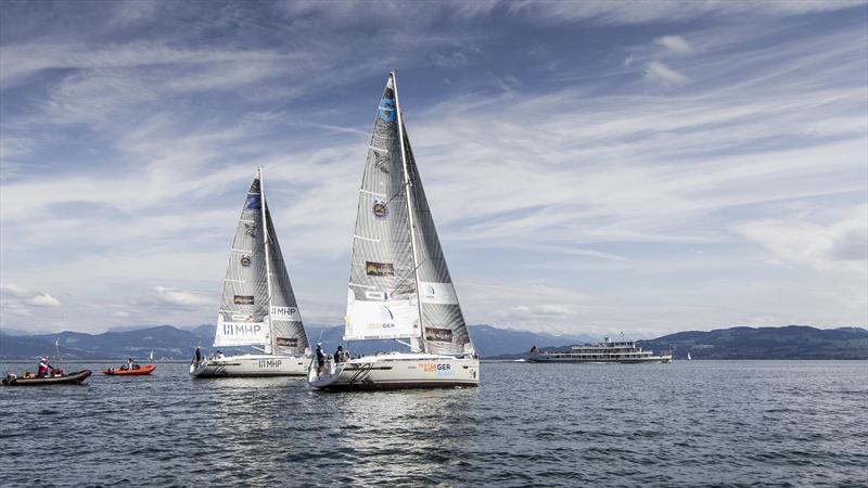 Light conditions at Lake Constance makes it tricky for teams at Match Race Germany on day 1 photo copyright Ian Roman / AWMRT taken at  and featuring the Match Racing class